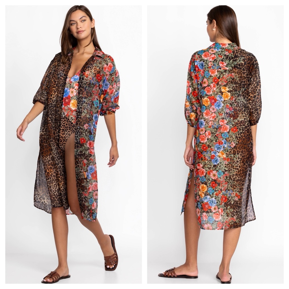 Johnny Was Cheetah Long Shirt Dress, Silk Coverup